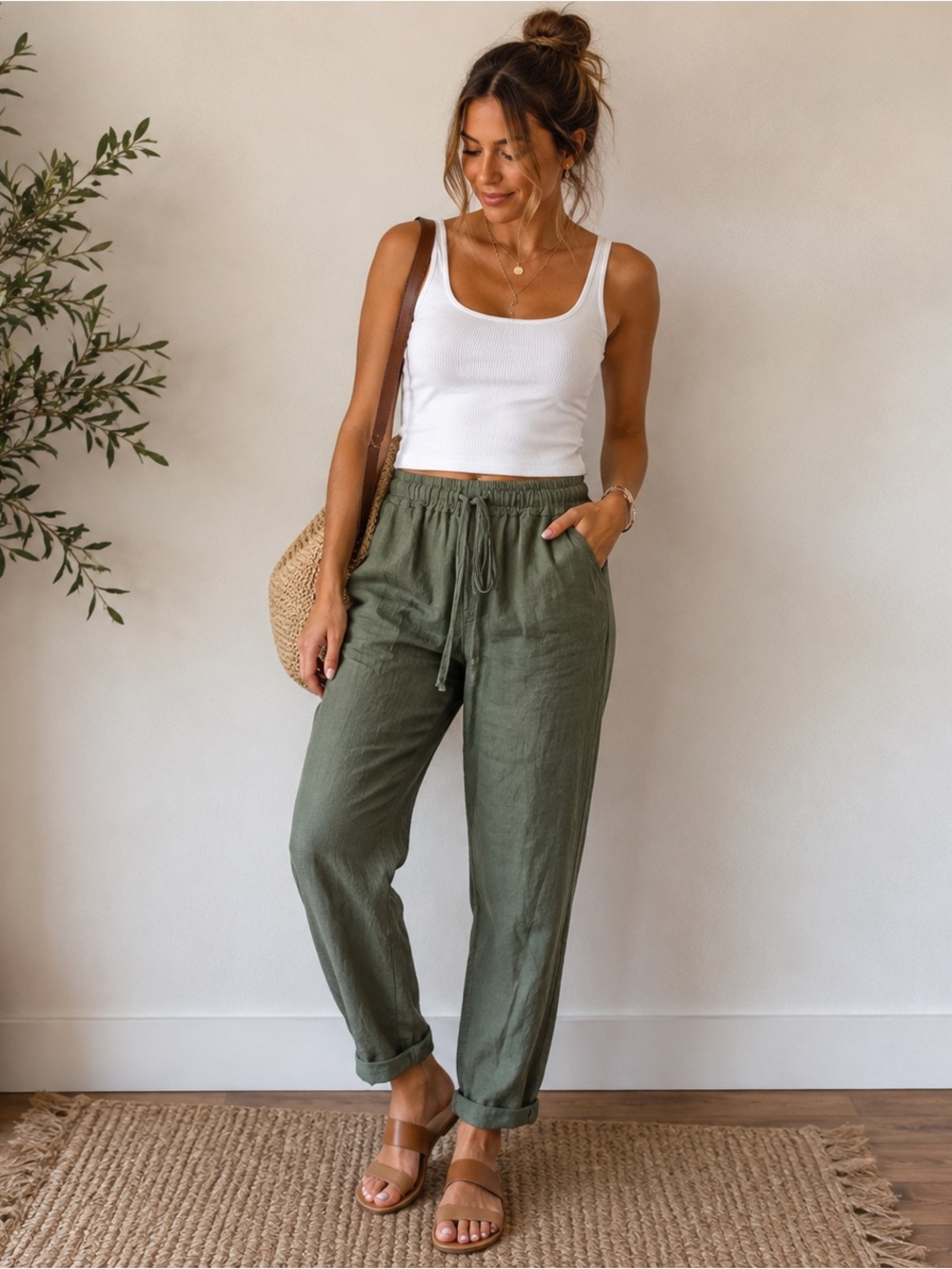 Relaxed Drawstring Linen Pants in Olive Green
